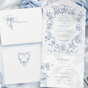Klassieke Franse Blauwe Bloemen & Lint Huwelijk All In One Uitnodiging