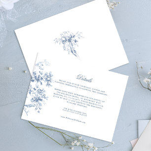 Klassieke Franse Blauwe Bloemen & Lint Huwelijk Informatiekaartje