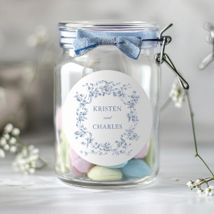 Klassieke Franse Blauwe Bloemen & Lint Huwelijk Ronde Sticker