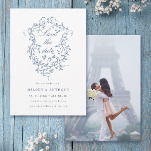 Klassieke Franse Blauwe Bloemenkam Trouwfoto Save The Date