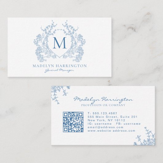Klassieke Franse Blauwe Bloemkam Monogram QR-code Visitekaartje (Voorkant / Achterkant)