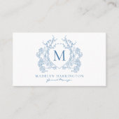 Klassieke Franse Blauwe Bloemkam Monogram QR-code Visitekaartje (Voorkant)