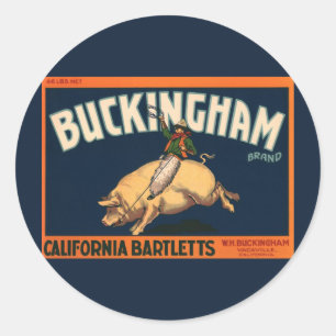 Klassieke Fruitkratlabel Kunst Cowboy op Varken Ro Ronde Sticker