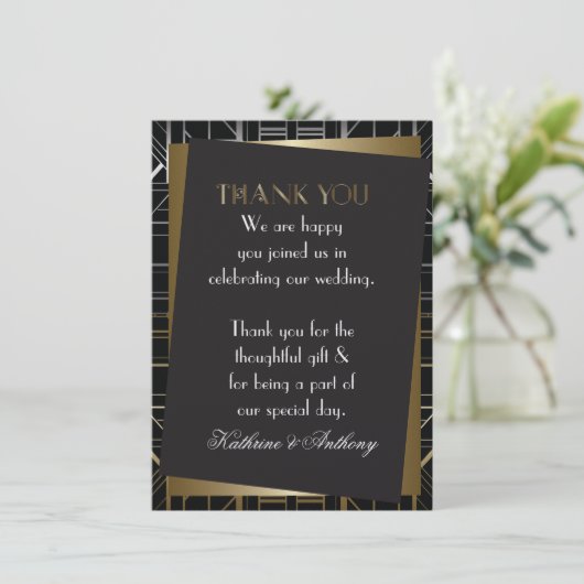Klassieke Gatsby Deco bruiloft Dank u Kaart (Staand voorkant)