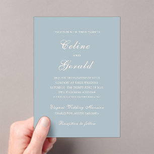 Klassieke gedempte blauwe elegante bruiloft acryl uitnodigingen