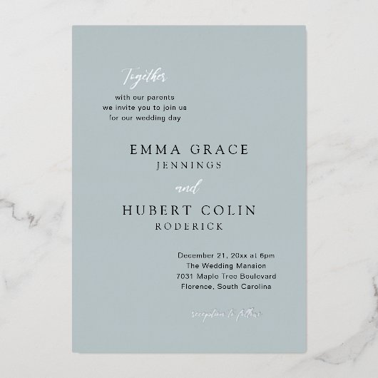 Klassieke gedempte blauwe elegante bruiloft folie uitnodiging (Voorkant)