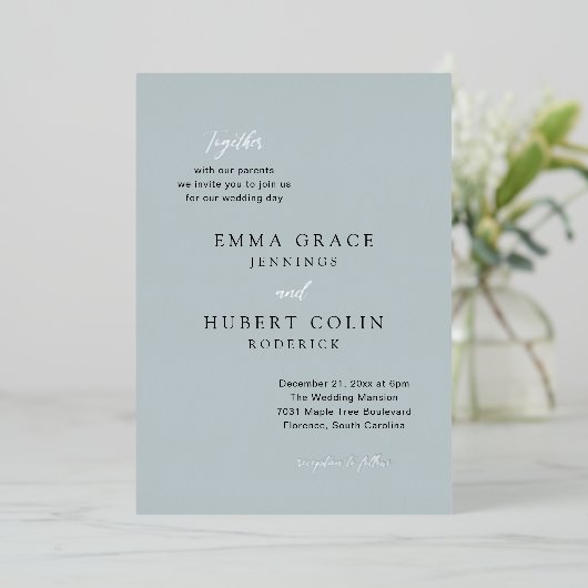 Klassieke gedempte blauwe elegante bruiloft folie uitnodiging (Staand Voorkant)