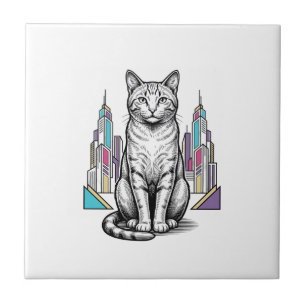 Klassieke Gegraveerde Cyberkat Stad Vector Kunst_1 Tegeltje