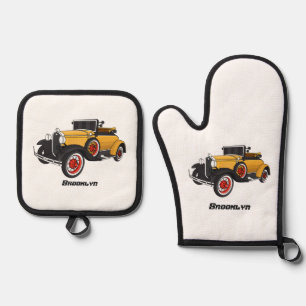 Klassieke gele auto 1931 ovenwant & pannenlap set