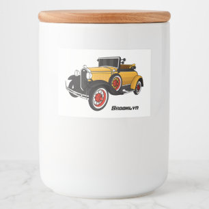 Klassieke gele auto 1931 voedselcontainer etiket