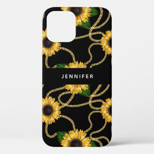 Klassieke Gele Zonnebloemen Stijlvol Patroon op Zw iPhone 12 Hoesje