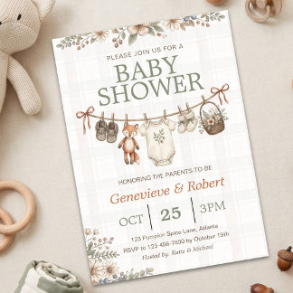 Klassieke geruite bosvos waslijn baby shower kaart