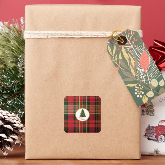 Klassieke geruite kerstboom rood en groen vierkante sticker (Feestdagen)