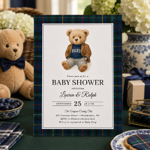 Klassieke geruite teddybeer Lauren baby shower Kaart