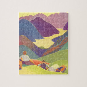 Klassieke gezinsvakantie, picknick in de bergen legpuzzel