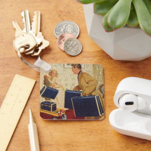 Klassieke gezinsvakantie, vader, kinderen en koffe sleutelhanger