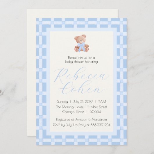 Klassieke Gingham Beer Babyshower Uitnodiging (Voorkant / Achterkant)