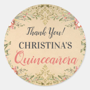 Klassieke Gold Floral Quinceanera Hartelijk dank Ronde Sticker