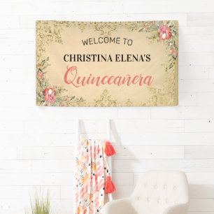Klassieke Gold Floral Quinceanera Welkom Spandoek