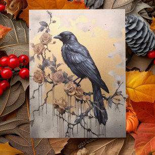 Klassieke Goth Raven Gouden Rozen Watercolor Briefkaart