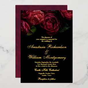 Klassieke Gothic Elegant Floral Black & Gold Weddi Folie Uitnodiging