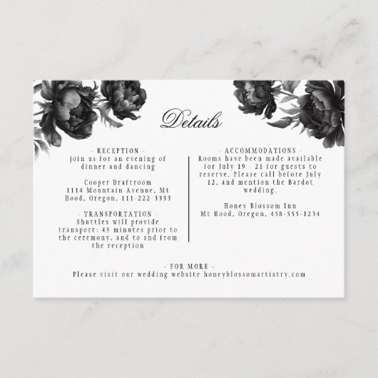 Klassieke Gotische Witte Bruiloft Details Informatiekaartje (Voorkant)