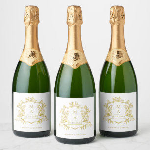 Klassieke Gouden Bloemenkam Monogrammen Huwelijk Sparkling Wijnetiket