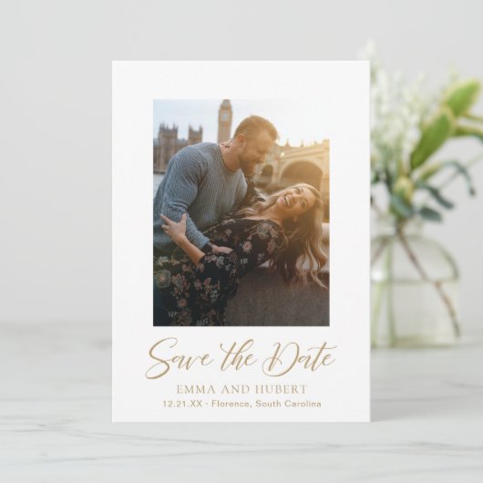 Klassieke Gouden Foto Elegante Huwelijk Save The Date (Staand voorkant)