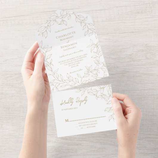 Klassieke Gouden Groen Bruiloft All In One Uitnodiging (Afscheurbaar)