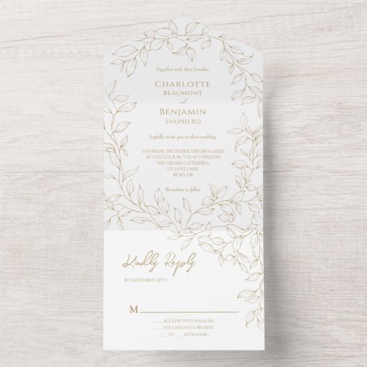 Klassieke Gouden Groen Bruiloft All In One Uitnodiging (Binnen)