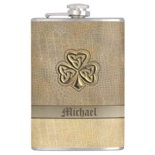 Klassieke gouden Ierse Lucky Shamrock leren look Heupfles