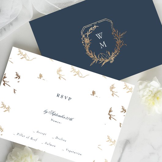klassieke gouden marine blauw monogram kuif bruilo RSVP kaartje