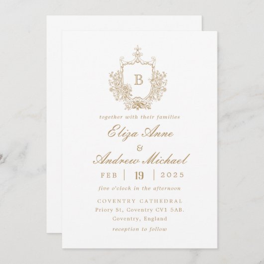 Klassieke Gouden Monogram Crest Bruiloft Uitnodigi Kaart (Voorkant / Achterkant)