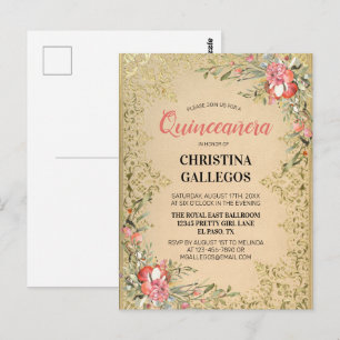 Klassieke gouden roze Floral Quinceanera Briefkaart