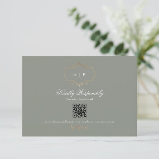 klassieke gouden salie groen QR CODE bruiloft webs RSVP Kaartje (Staand voorkant)