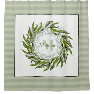 Klassieke Greenery Wreath Monogram Sage Stripes Douchegordijn