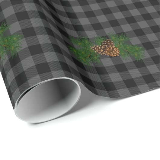 Klassieke grijs en zwart geruite dennenappel cadeaupapier (Rol Hoek)