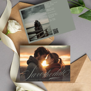 Klassieke Grijze Groene Kalligrafie QR Code Twee F Save The Date