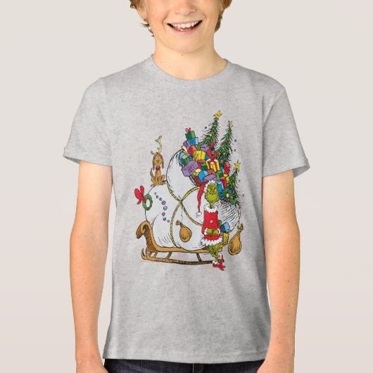 Klassieke Grinch | Grinch & Max met Sleigh Tri-Blend Shirt (Voorkant)