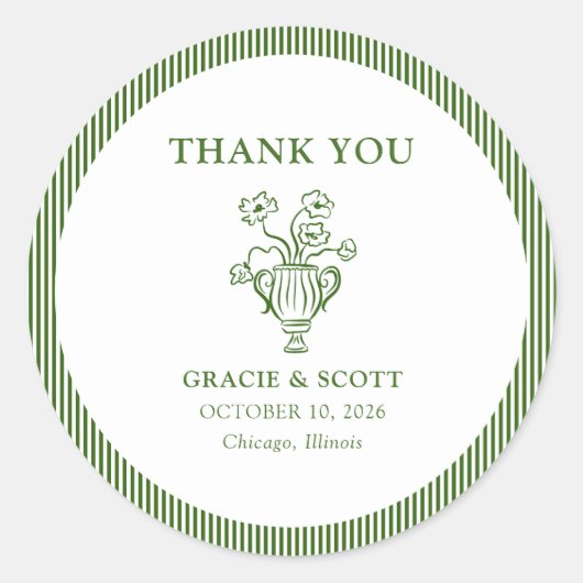Klassieke Groene Bloemen Stripe Wedding Dank u Ronde Sticker (Voorkant)