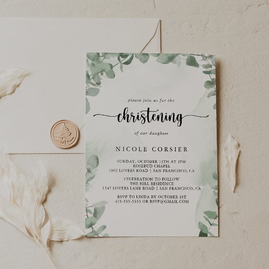 Klassieke groene Eucalyptus Foliage Christening Kaart