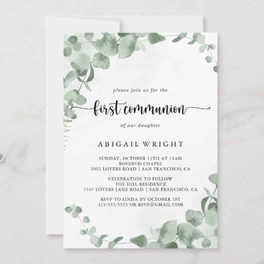 Klassieke groene eucalyptus Foliage First Communit Kaart (Voorkant)