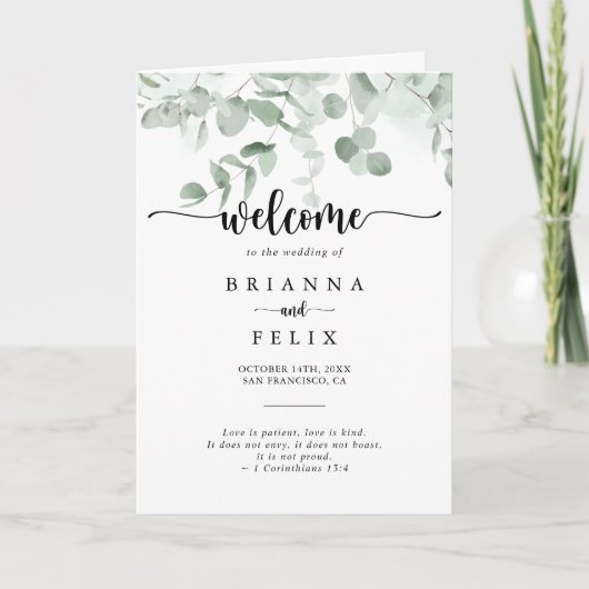 Klassieke groene Eucalyptus Foliage Folded Wedding Programma (Voorkant)