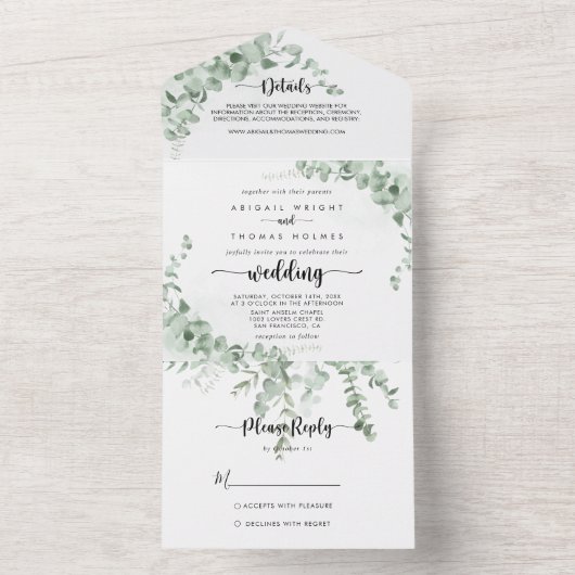 Klassieke groene eucalyptus-oliage bruiloft all in one uitnodiging (Binnen)