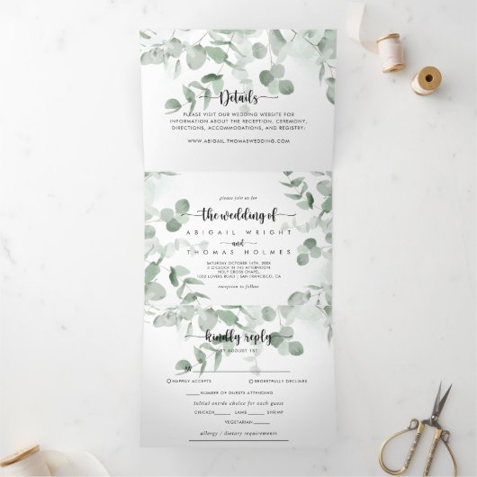 Klassieke groene eucalyptus-oliage bruiloft drieluik uitnodiging (Binnen)