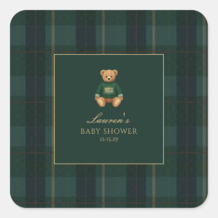 Klassieke groene geruite beer babyshower vierkante sticker