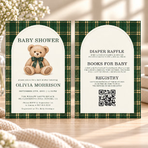 Klassieke groene geruite beer QR-code baby shower Kaart