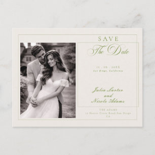 Klassieke groene kalligrafie foto save the date briefkaart