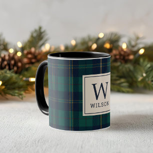 Klassieke groene tartan geruite monogram Kerstmis Mok