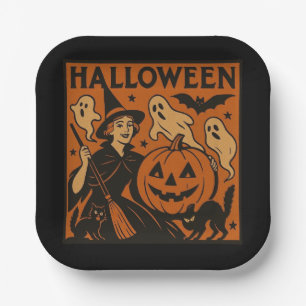 , klassieke Halloween heks, spook en pompoenen Papieren Bordje